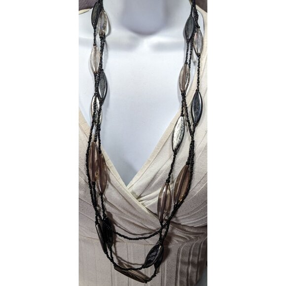 Modern Black Glass And Smoky Grey Beaded Layered Necklace - Picture 2 of 6